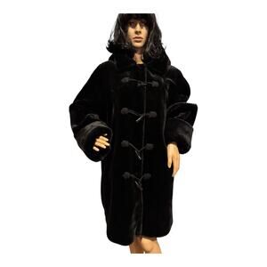 1990s Dennis Basso Black Faux Fur Toggle Coat Removable Hood Large to XL